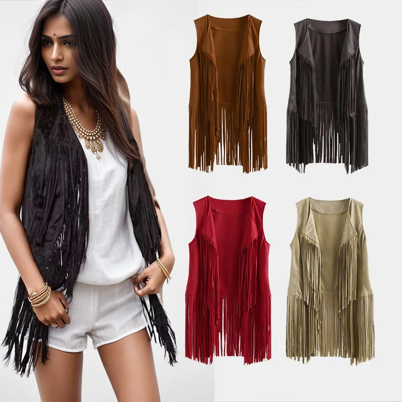 

Women's Loosen Thin Tassel Vest Solid Slim Fit Sleeveless Middle Long Length Turn-down Collar Streetwear Tank Top
