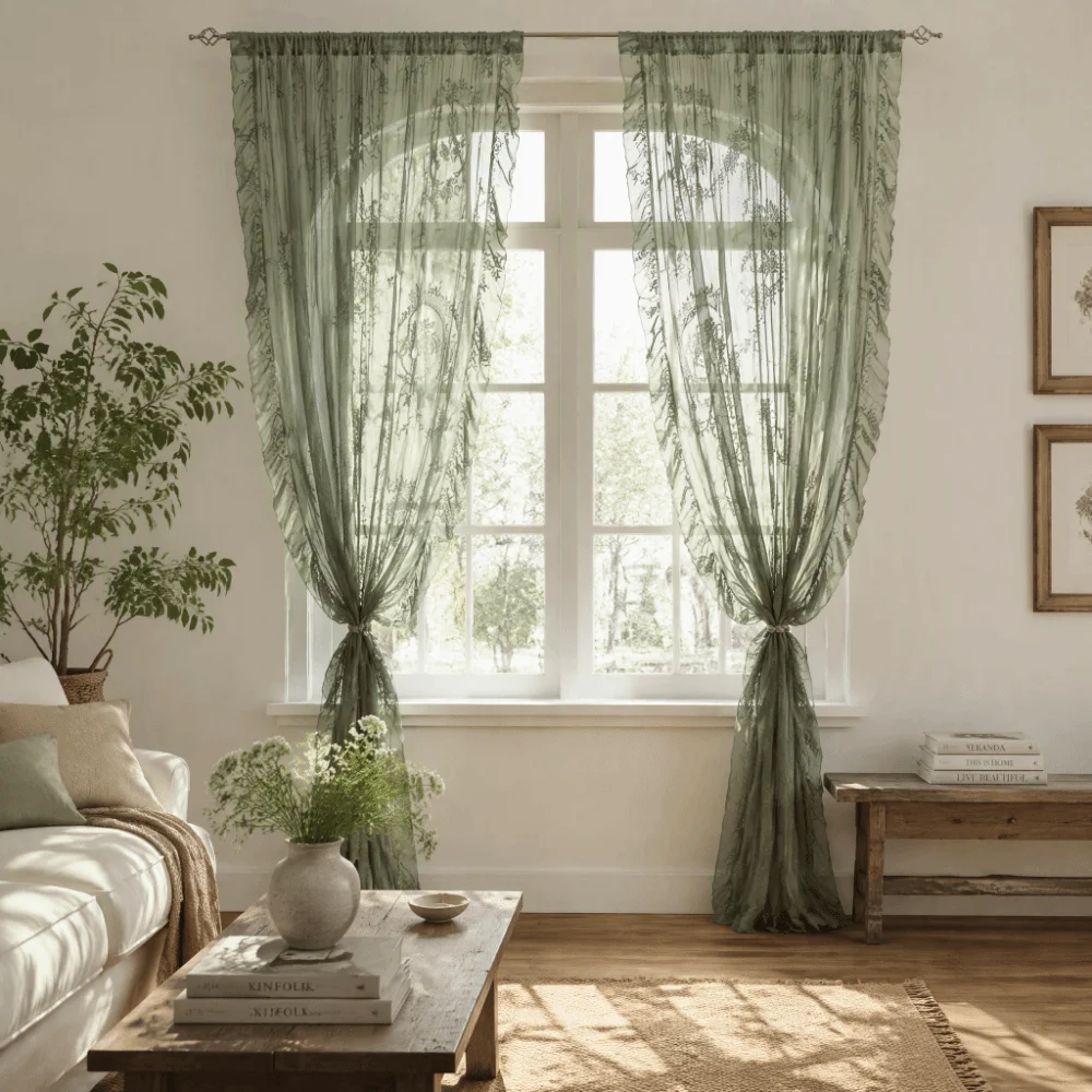 French-Style Lace Curtains Ruffled Edges Half-Shaded Window Curtains Solid Color Voile Curtains