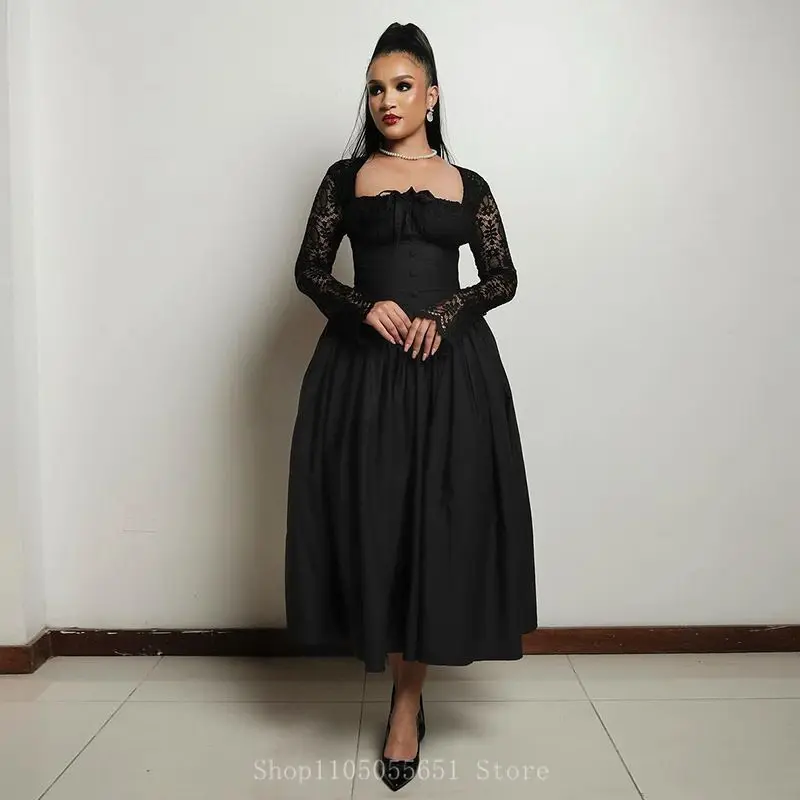 فستان نسائي مخصص كبير سوينغ دانتيل كم كامل عالي الخصر INS 2025 بدون حمالات مطوي فساتين سهرة مثيرة للحفلات الليلية #3