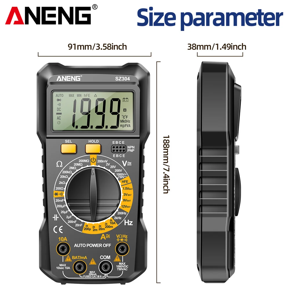 ANENG SZ304 Digital Multimeter AC/DC Voltmeter Ammeter Non-contact Voltage Detector Electric Current Tester Hz Diode Capacitor