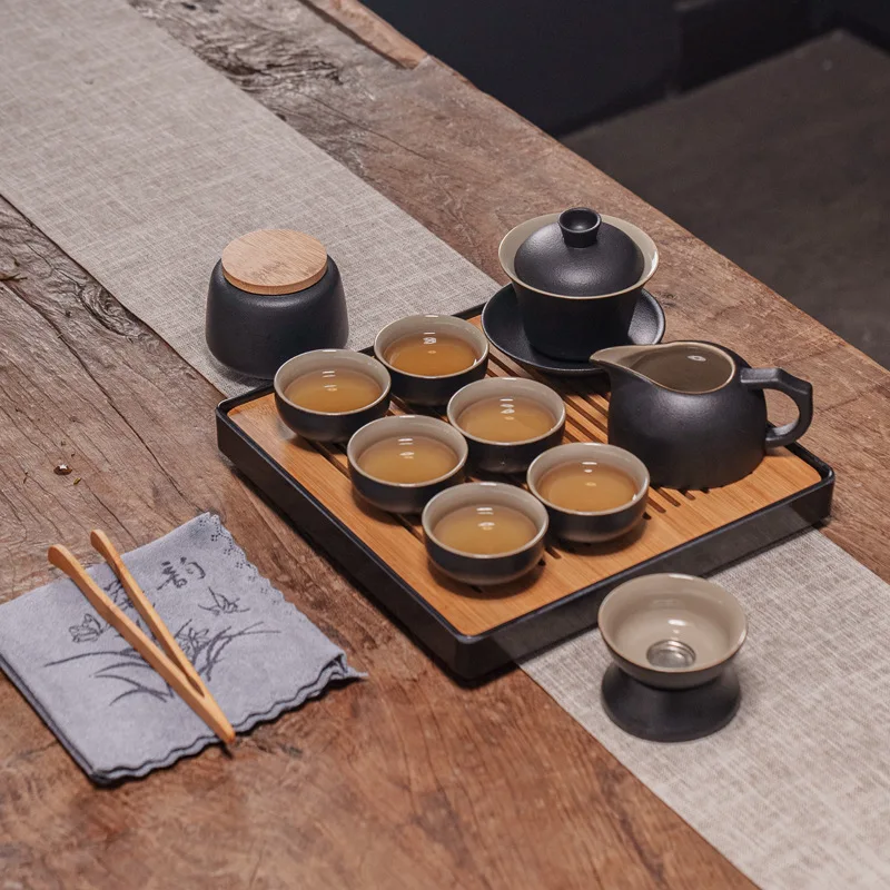 

Black Ceramic Kung Fu Tea Set Full Set for Home and Office Teapot Teacup Simple Gaiwan Tea Canister Complete Tea Tray