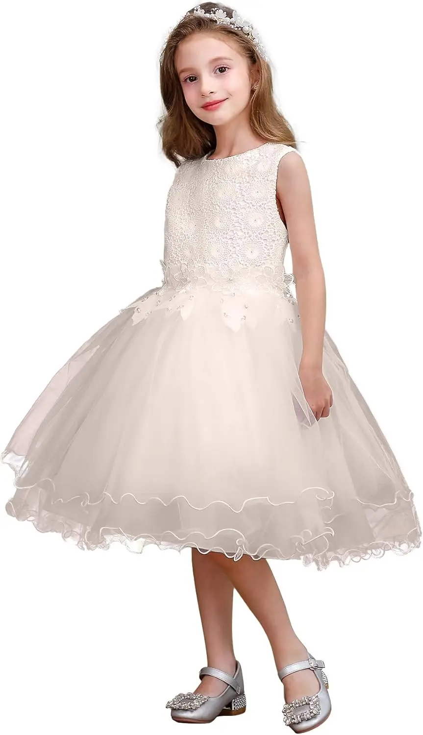 Vestido de menina de flor com renda chiffon, vestido de formatura de dança de aniversário de princesa, vestido fofo de comunhão sem mangas com laço para idades de 2 a 13 anos