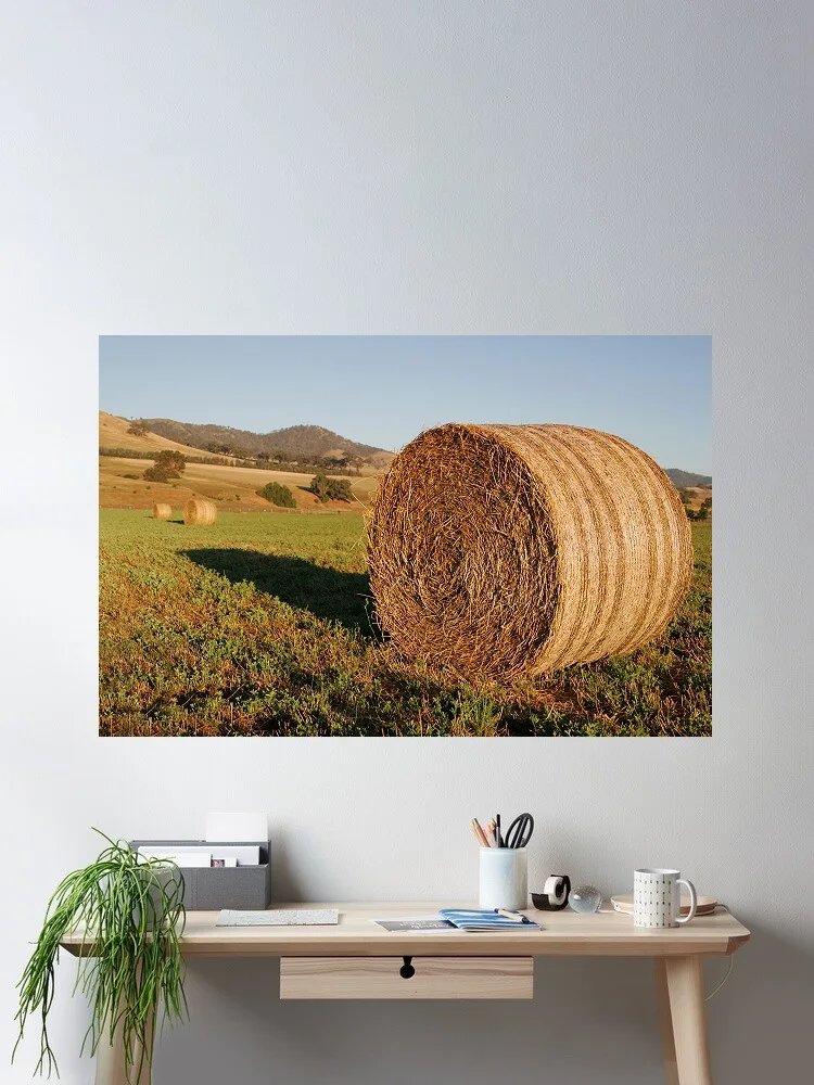 Round hay bale at dawn, Print Art Canvas Poster,Living Room , Home Wall Decor Picture