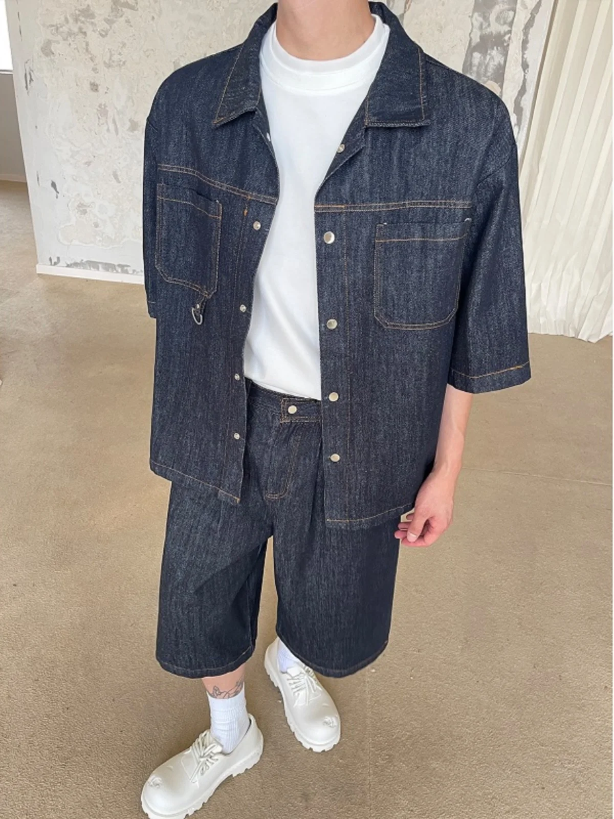 

Summer Casual Collar ort Sve Denim irt Set Men's Trendy Haome Wide Leg Seven-Quarter Length Denim Pants Two-Piece Set