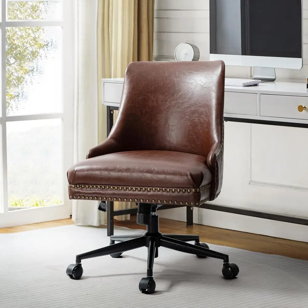 

Elegant Ergonomic Office Chair with Black Metal Base, Adjustable Height, 360 Swivel, Brown Leather Seat