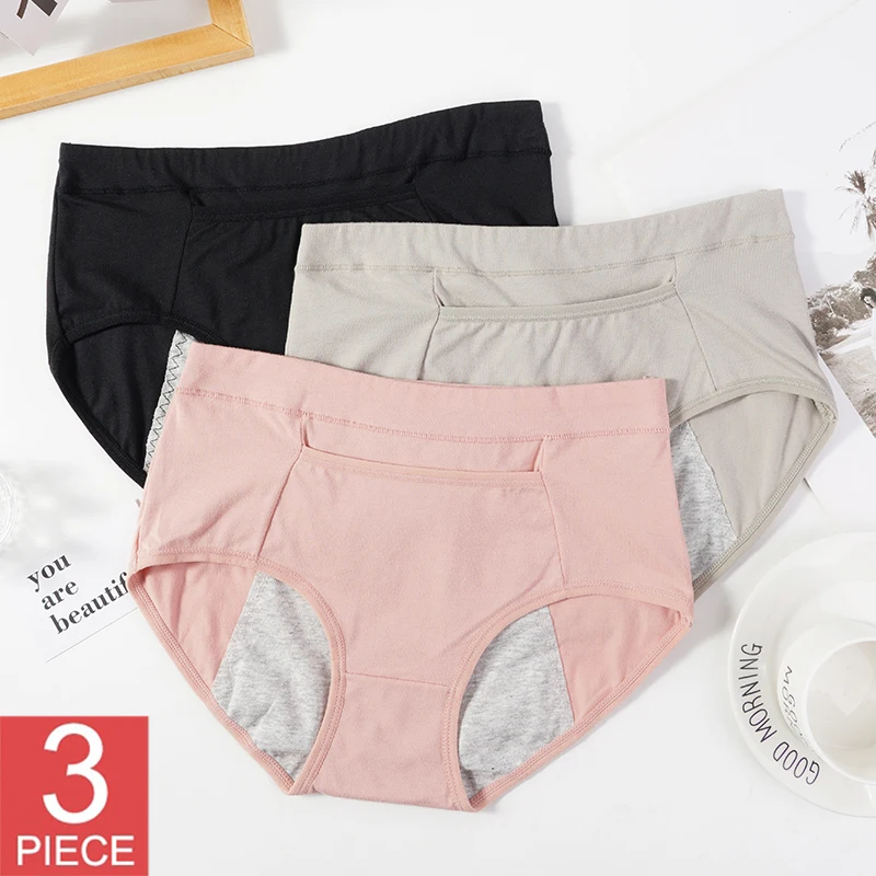 

3PCS/SET Leak Proof Menstrual Panties Physiological Pants Women Underwear Female Cotton Pockets Waterproof Briefs Lingere