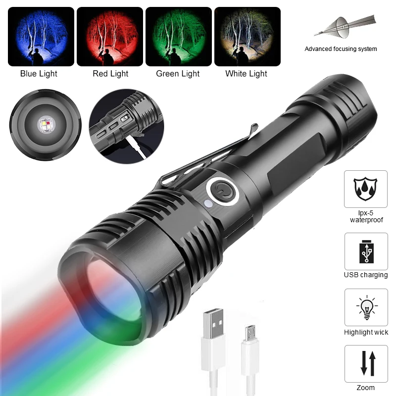 Imagem -06 - Tático Zoomable Lanterna Led Vermelho Verde Purp Luz Branca Tocha Caça ao ar Livre Pesca Luz Impermeável Usb Recarregável 4in1