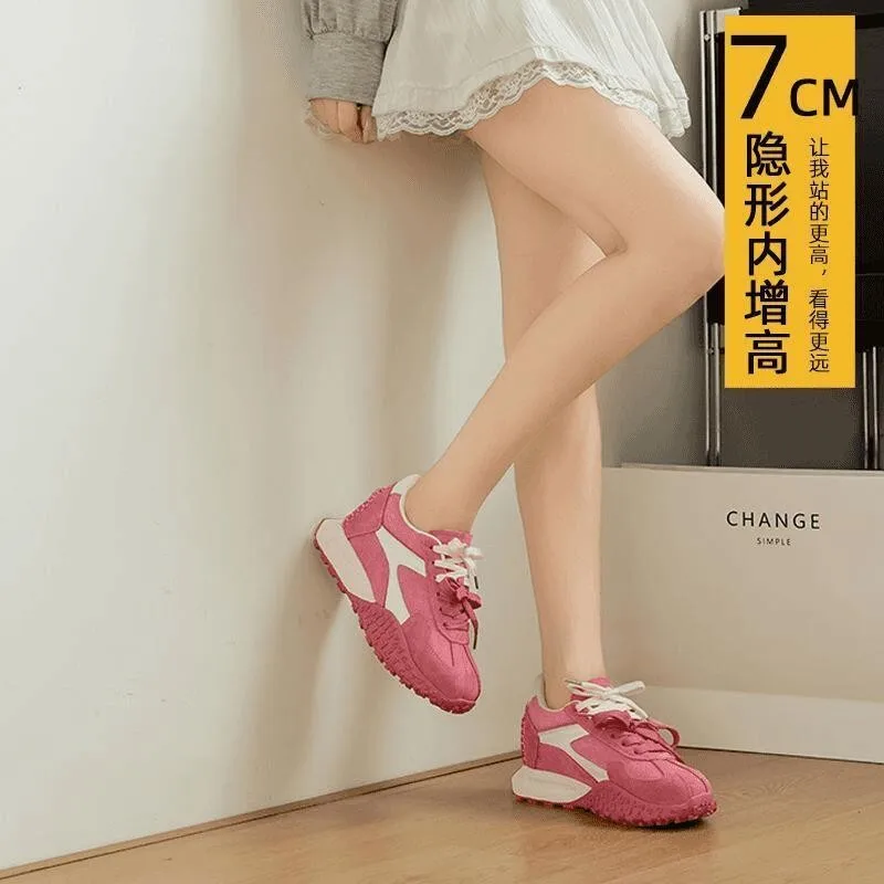 

2025 Raspberrry Pink Women's Fashion Thick Bottomed Casual Shoes Spring Autumn Stylish Increase Height Agan Shoe Sneakers