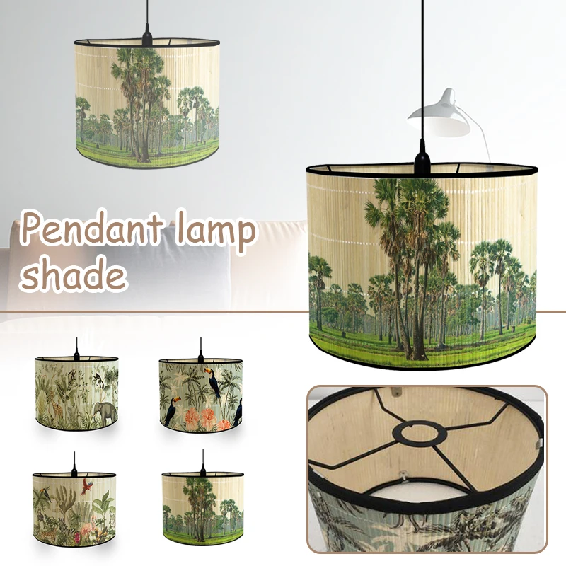 

New Nordic Retro Style Green Plant Flower Birds Decorative Painting Handmade Bamboo Lampshade Chandelier Light Shade Home Decor