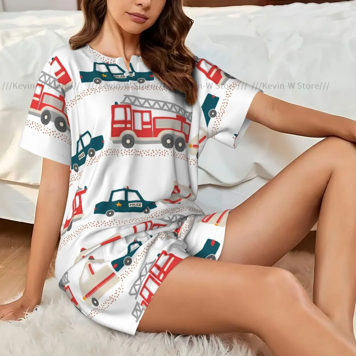 

Женская пижама из двух предметов, футболка с круглым вырезом и короткими рукавами, повседневный домашний пижамный комплект с рисунком скорой помощи, полиции и пожарной машины