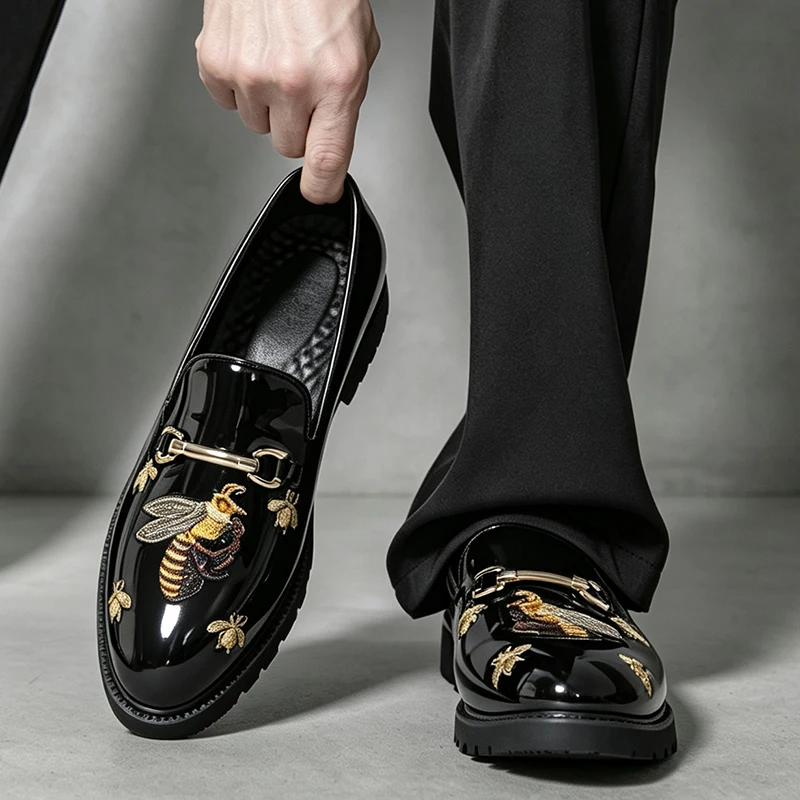 Men's Dress Shoes Fashion Metallic Men Loafers Embroidery Slip on Party Metal Horsebit Thick Sole Formal Wedding Business Shoes