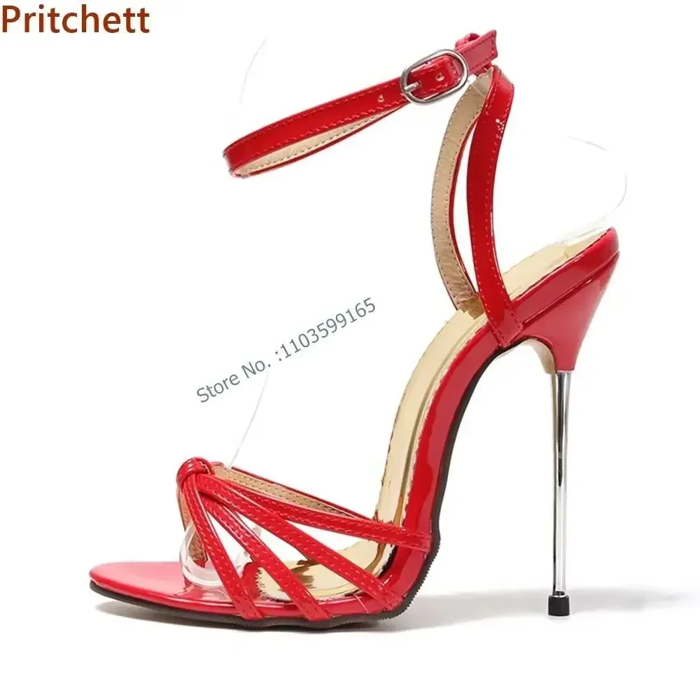 

13 Cm Twist Thin Heel Sandals Pointy Toe Ankle Band Buckle Strap Metal Heel Solid Black Slingback Summer Women's Runway Shoes