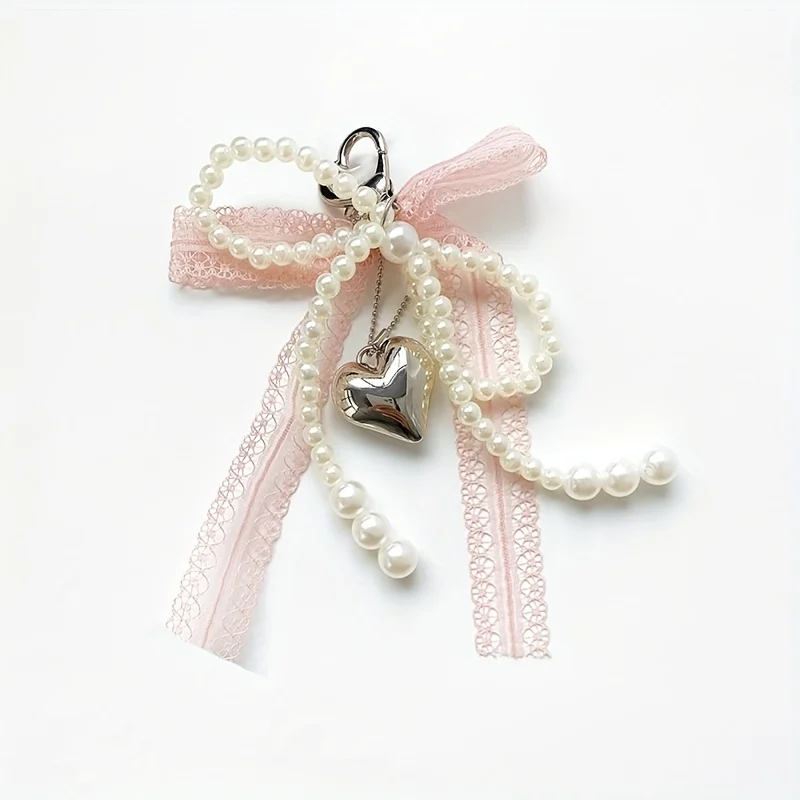 Spitzen-Perlen-Schleifen-Schlüsselanhänger, Damen-Perlen-Schleifen-Anhänger, Taschenanhänger-Schlüsselanhänger, Rucksack-Charm-Schlüsselanhänger, Herzförmiger Taschenanhänger,