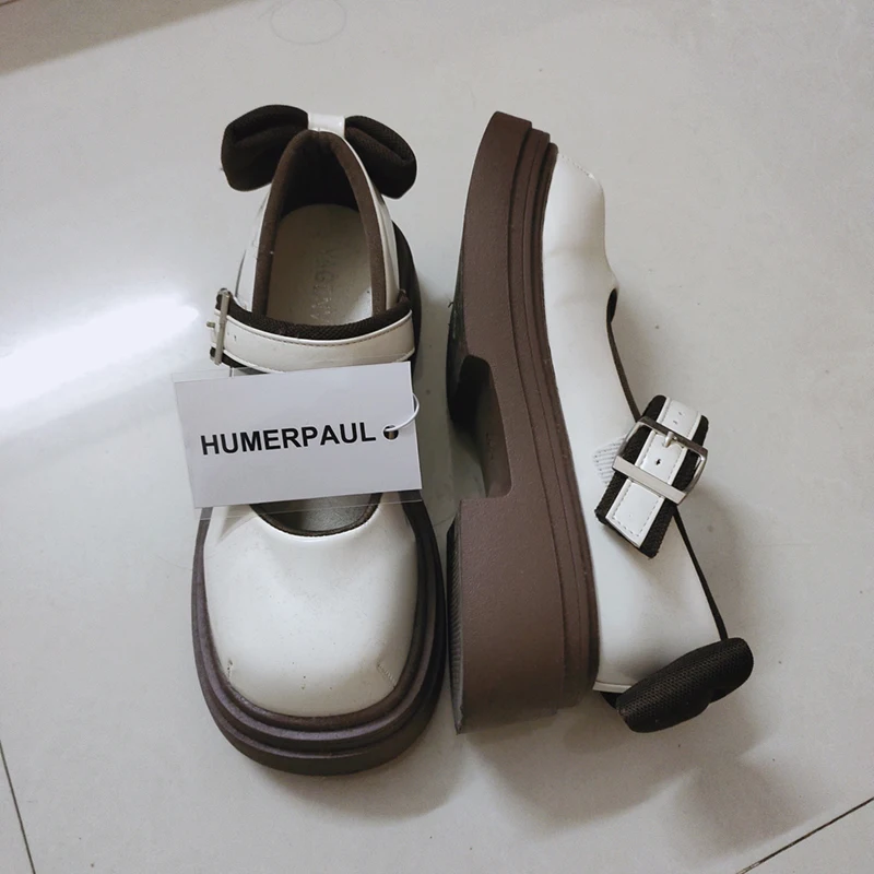 HUMERPAUL 2024Fashion Girls Leather Platform Shoes Style Thick Heels Sweet Bowtie Patchwork  Princess  Leather Shoes