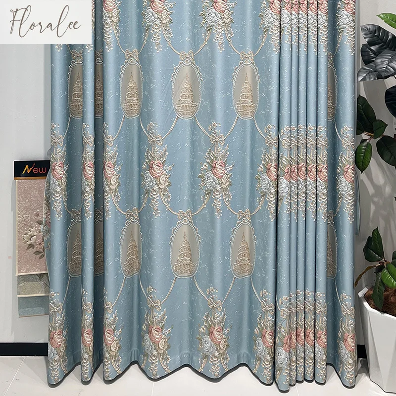 High-end Relief Jacquard Curtains for Living Room Bedroom Blackout Bay Window Luxury Gauze Embroidered Curtain Customized Decor