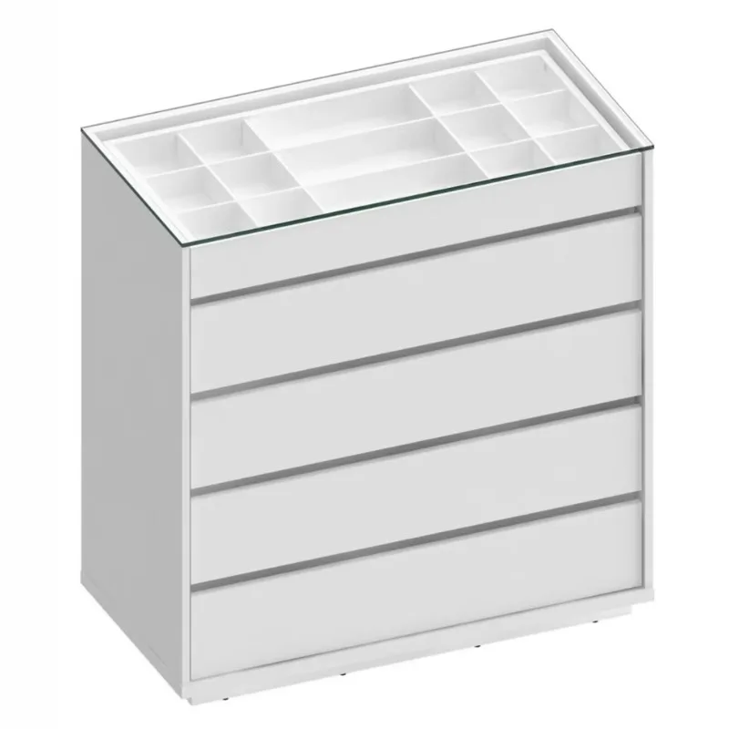 White bedroom dresser with glass countertop - 5 drawers, top drawer with jewelry compartment