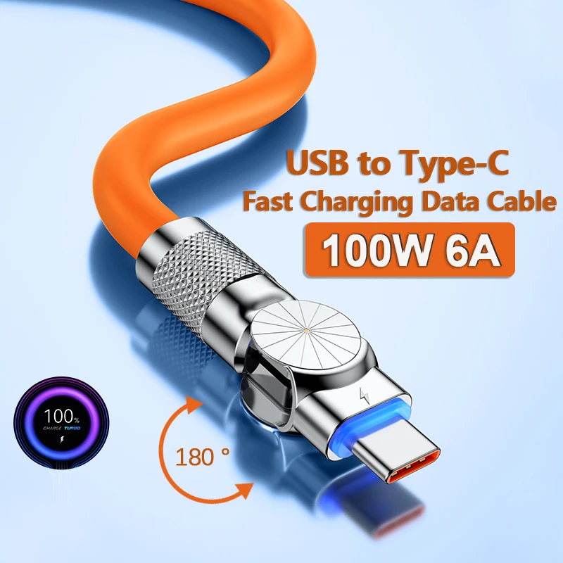 100W 6A 180 Degree Super Fast Charging Data USB Type C Cable For Xiaomi Huawei Liquid Silicone Elbow Car Charger Cable for Game