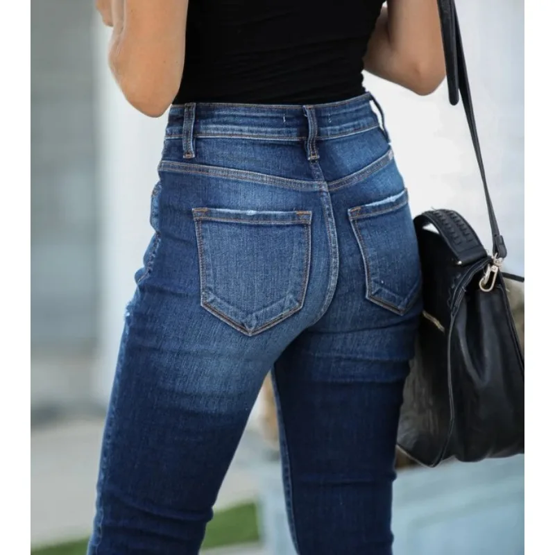 クロスボーダー欧米風ハイウエストレトロブレザー裾スリムフィットストレッチダメージジーンズレディースパンツ