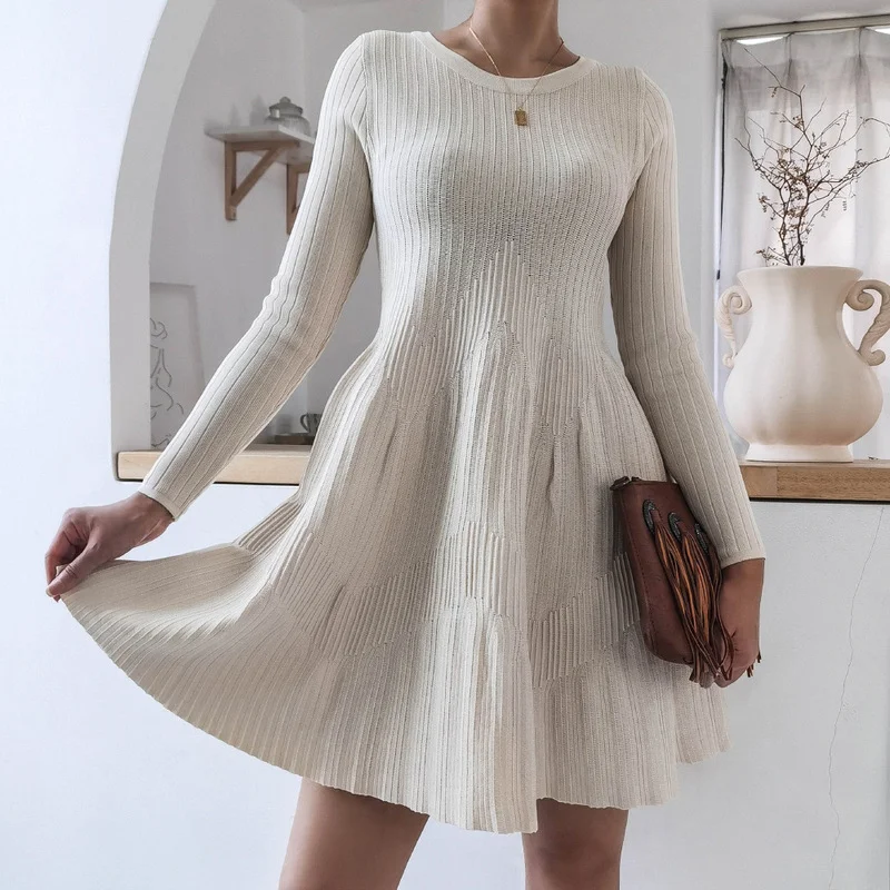 Vestido de punto de manga larga para mujer, Vestido corto informal, blanco roto, moda de otoño e invierno, novedad de 2022
