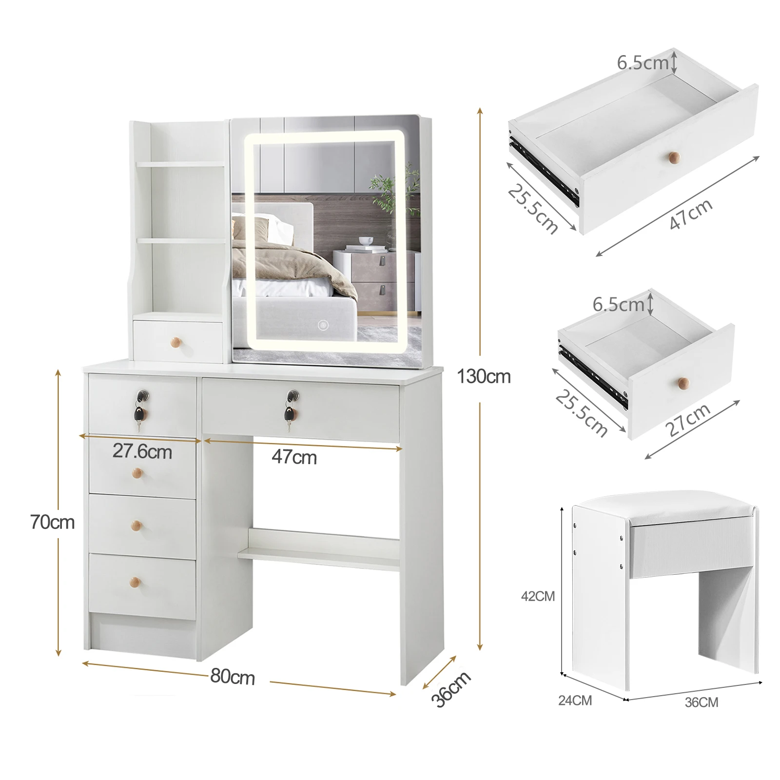 مرآة طاولة الغرور مع أضواء البراز مجموعة ماكياج مكتب منظم مضمد مخزون المملكة المتحدة #6