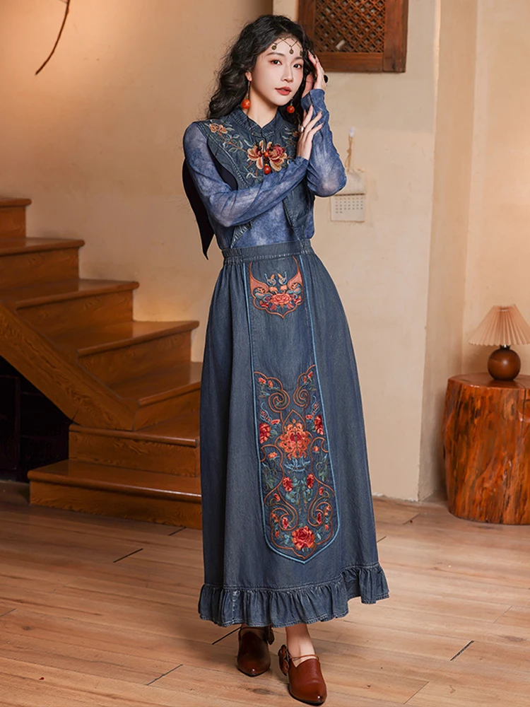 

Ele Embroidered Heavy Work Denim oulder Scarf New Chinese Sle Autumn New Retro National Sle Eth Faion Women...