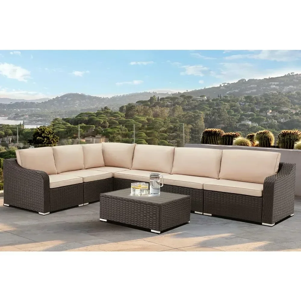 

Patio Furniture 7-Piec Set, Rattan Wicker Outdoor Sectional Furnitures Sets, Conversation Sofa Set with Table & Thick Cushion