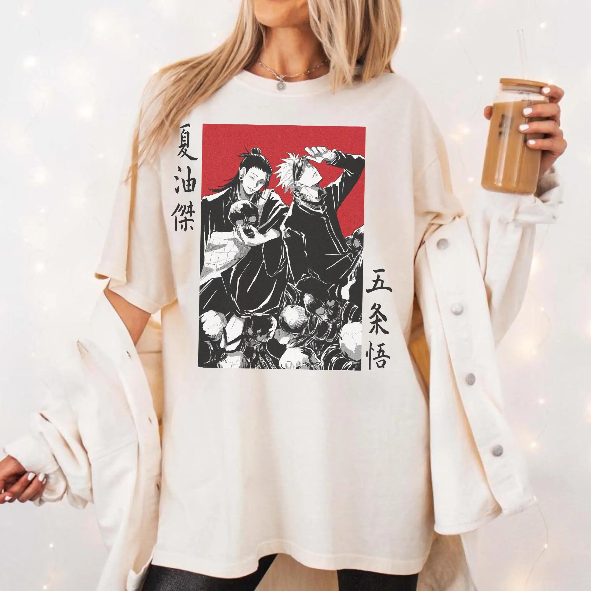 

Men's Women Anime Jujutsu Kaisen Gojo and Geto Printed T-Shirt Cotton Streetwear Oversized Loose Casual Short Sleeve