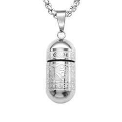 Retro Buddhist Six-Character Mantra Necklace Urns Round Open Pendant for Men Stainless Steel Ashes Memorial Lucky Jewelry