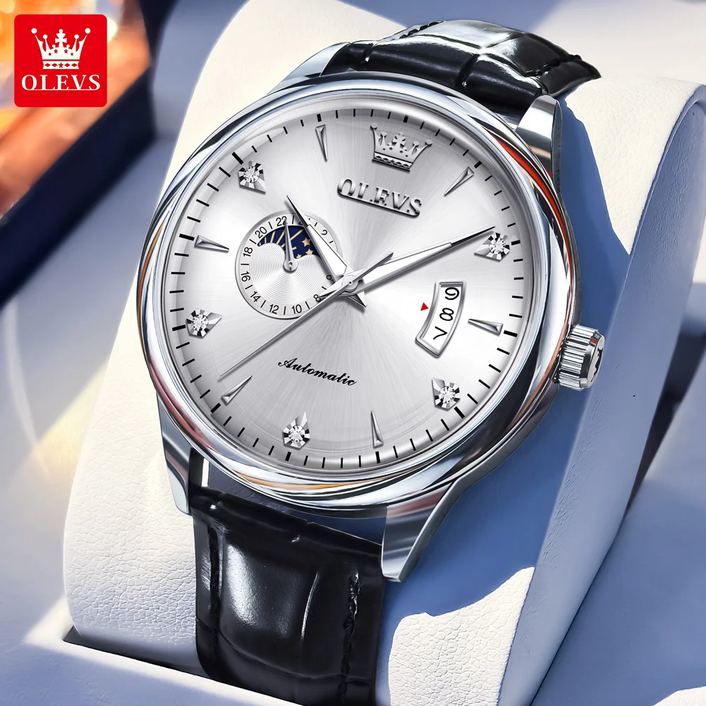 

Часы OLEVS 7040, мужские автоматические механические часы с арочным стеклом, кожаный ремешок, водонепроницаемые модные часы с фазой Луны и датой
