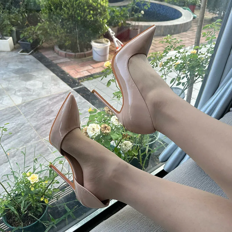 Luxury Brand Women Ladies Shoes Classic Nude Patent D'orsay Woman Autumn 2023 12cm Pointed Toe High Heel Pump Free Shipping