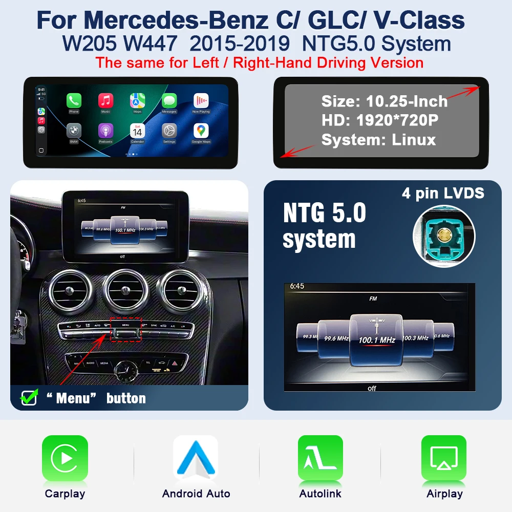 AUTOTOP 10.25" touchscreen Linux autoradio voor Mercedes Benz C GLC V Klasse W205 W447 2015-2018 CarPlay Android Auto BT