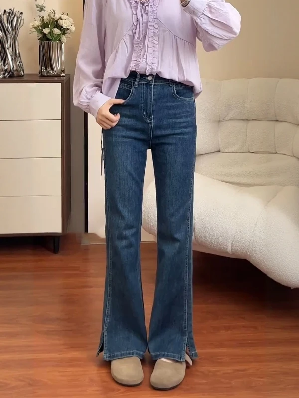 

Синие джинсы с высокой талией, прямые, с разрезами, для женщин больших размеров, модные, стройнящие, микро-клеш, для повседневной носки, осенний сезон