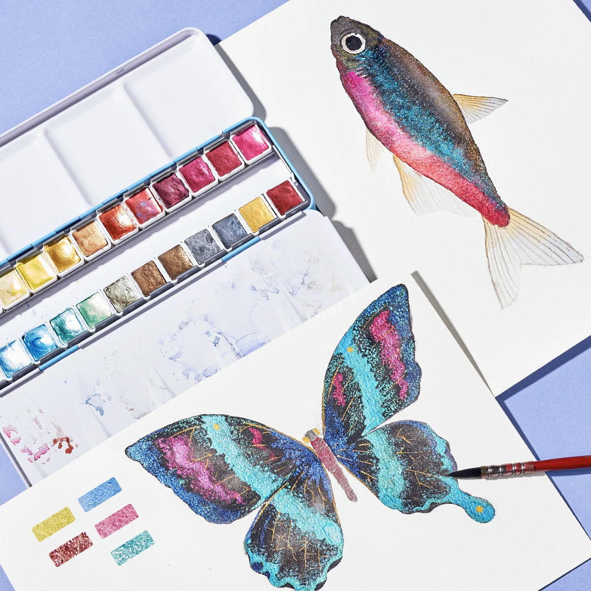 Paul Rubens Professional Metallic Watercolor Paints Set, Pearl Paint, Portable Metal Case with Palette Set of 24 Half Pans