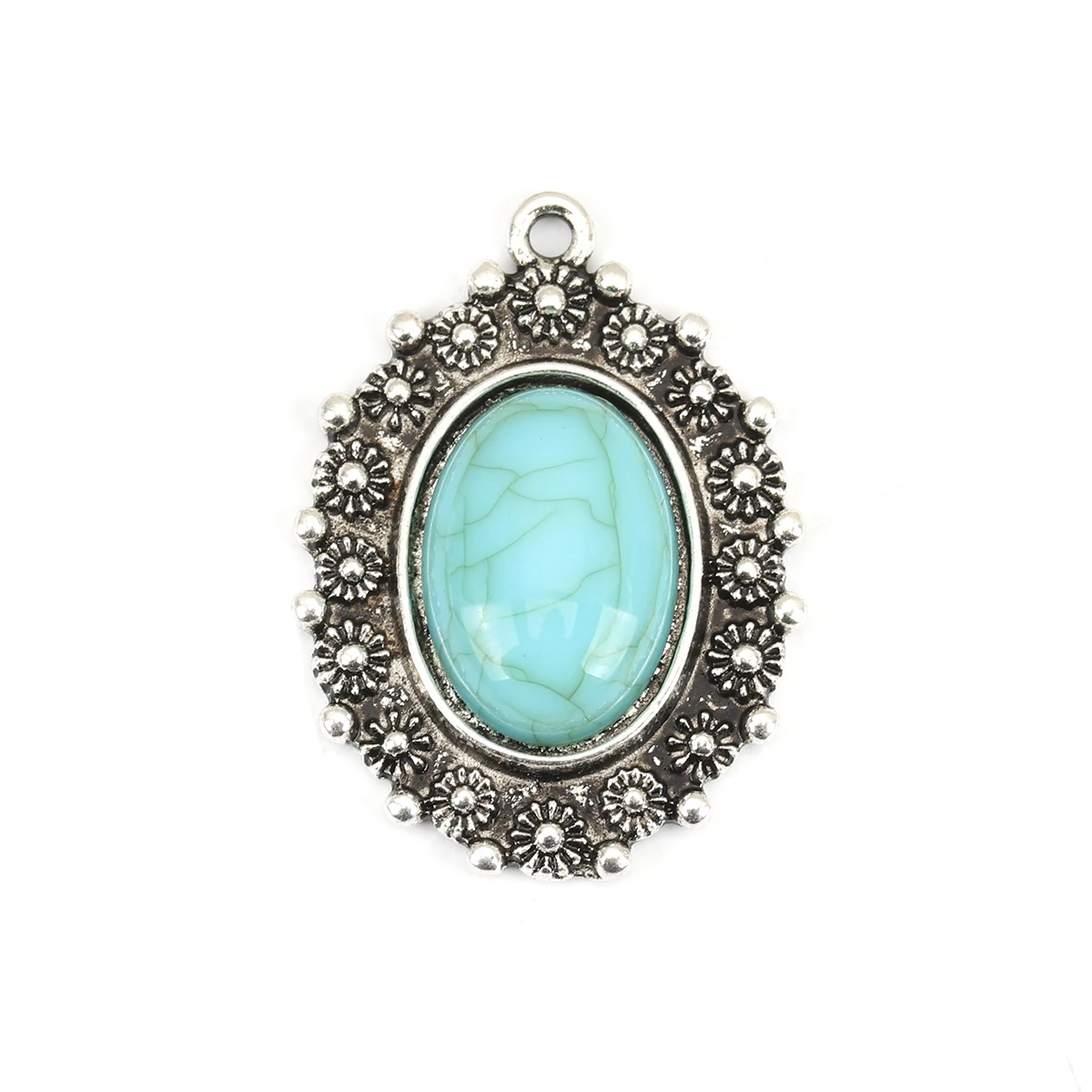 Vintage Bohemian Charms Heart Oval Carved Imitation Turquoise Pattern Antique Silver Color Metal Pendants  DIY Necklace Jewelry