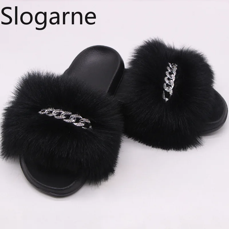 Nuevas Pantuflas de Piel de Zorro con Cadena para Mujer, Tallas Grandes, Sandalias de Piel para Chicas, Chanclas de Moda Europeas y Americanas para Exteriores, Pantuflas Modernas de Piel