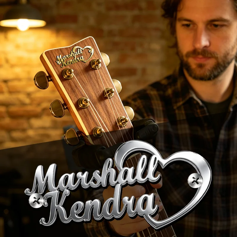 [Custom Product] Personalized 3D Metal Nameplate | Guitar Decal | Heart-Shaped Design with Two Names