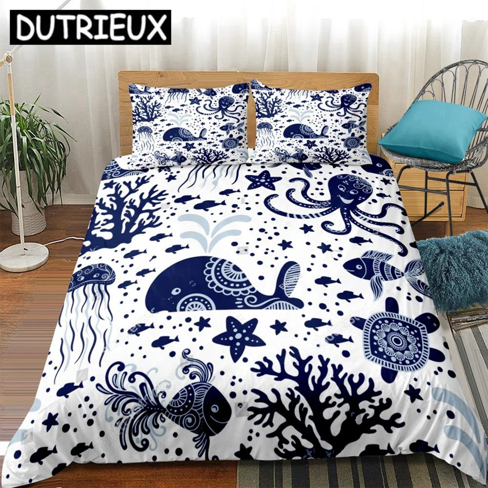 

Cartoon Animal Bedding Set Turtle Octopus Whale Duvet Cover Set For Kids Ocean Starfish Bed Set Boy Girls Bed Line Home Textile