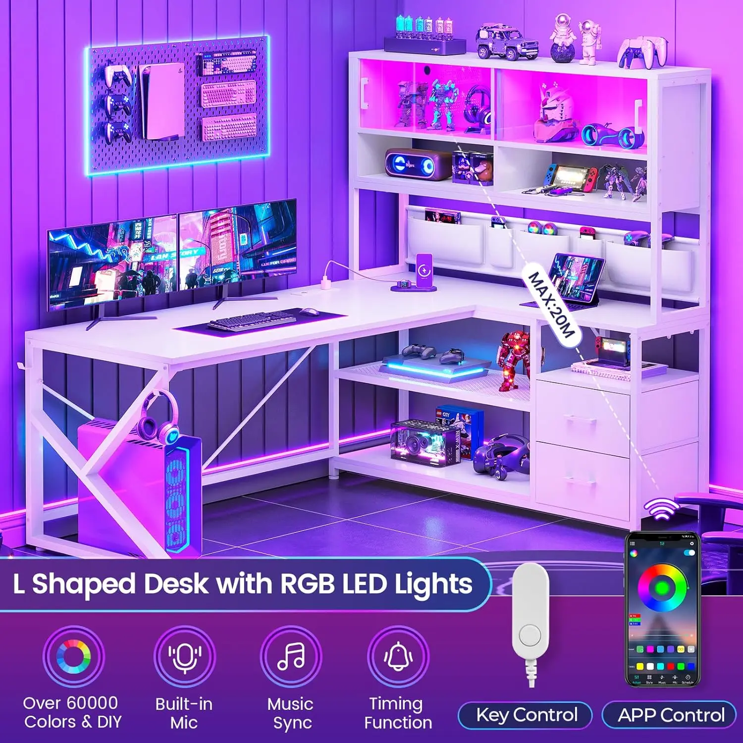 L Shaped Gaming Desk, Home Office Computer Desk with 2 Drawer and Bookshelf, L Shaped Gaming Corner Desk with LED Light image 2