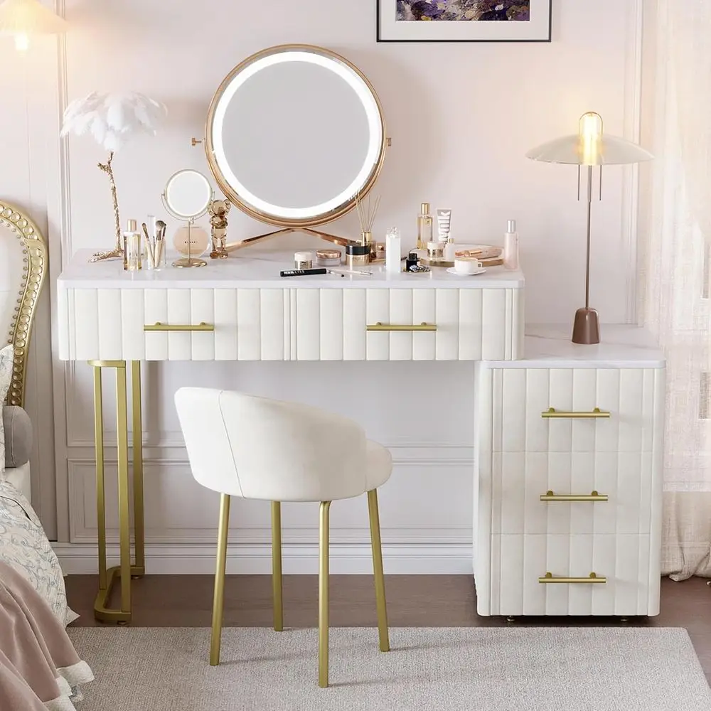 

White Upholstered Vanity Desk with Chair, Makeup Vanity Set featuring 5 Drawers, Dressing Table and Chair for Girls Bedroom