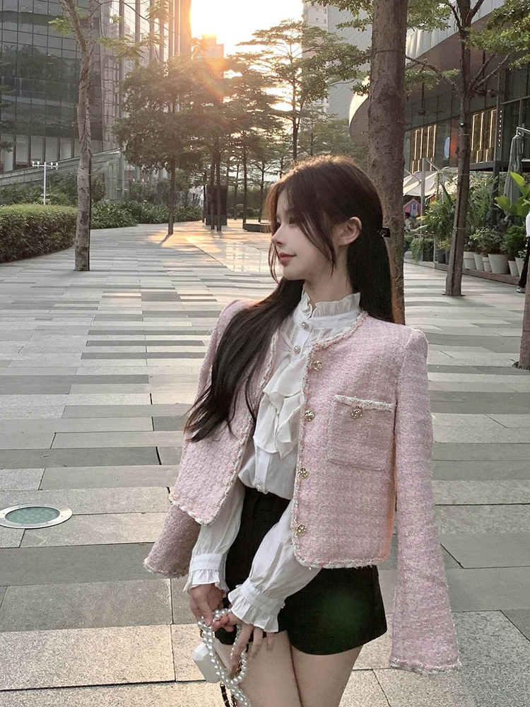 Spring Tweed Crop Jacket for Women Korean Loose Single Breasted O Neck Coat Y2K Luxury Office Lady Long Sleeve Blended Outerwear