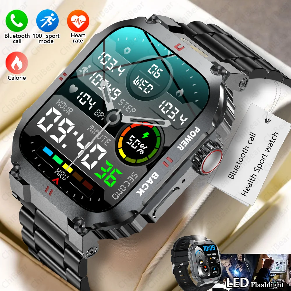 

2025 New Men's Outdoor Sport Smartwatch Flashlight 110+ Sport Mode Bluetooth Call IP68 Waterproof Smart Watch For Android IOS