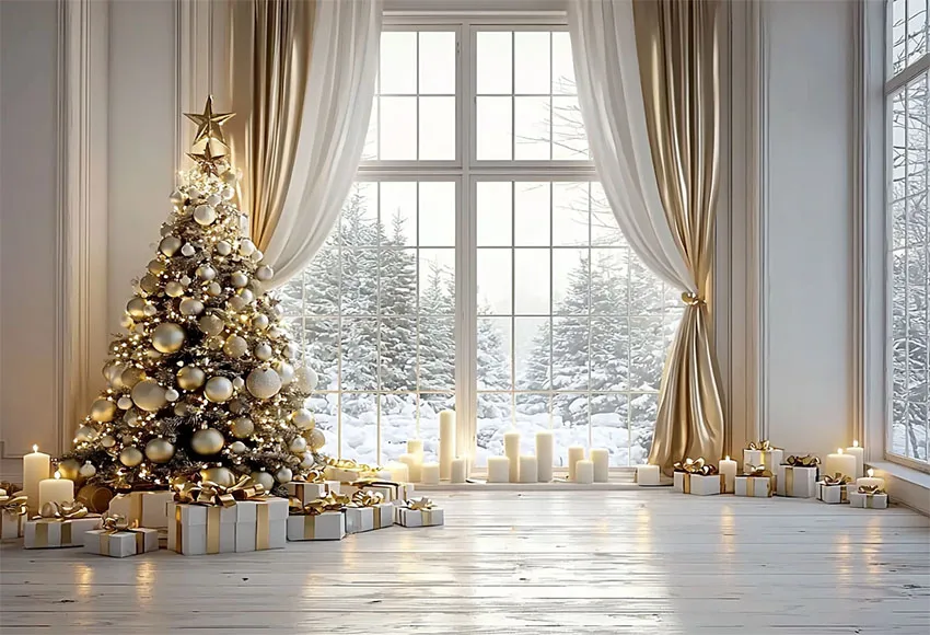 Mehofondหน้าต่างคริสต์มาสการถ่ายภาพพื้นหลังสีขาวผนังผ้าม่านของขวัญเด็กภาพครอบครัวตกแต่งฉากหลังPhoto Studio