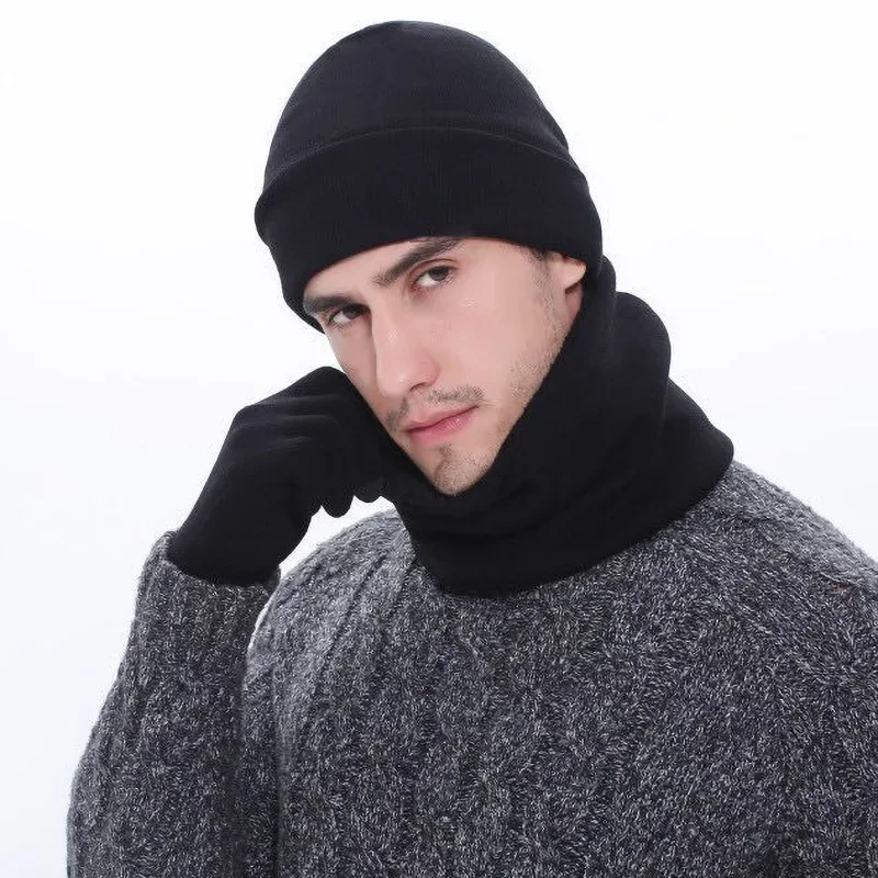 3-piece Winter Set Hat Scarves Touch Screen Gloves Knitted Warm Men Fashion Thick Velvet Lining Neck Outdoor Riding Sets