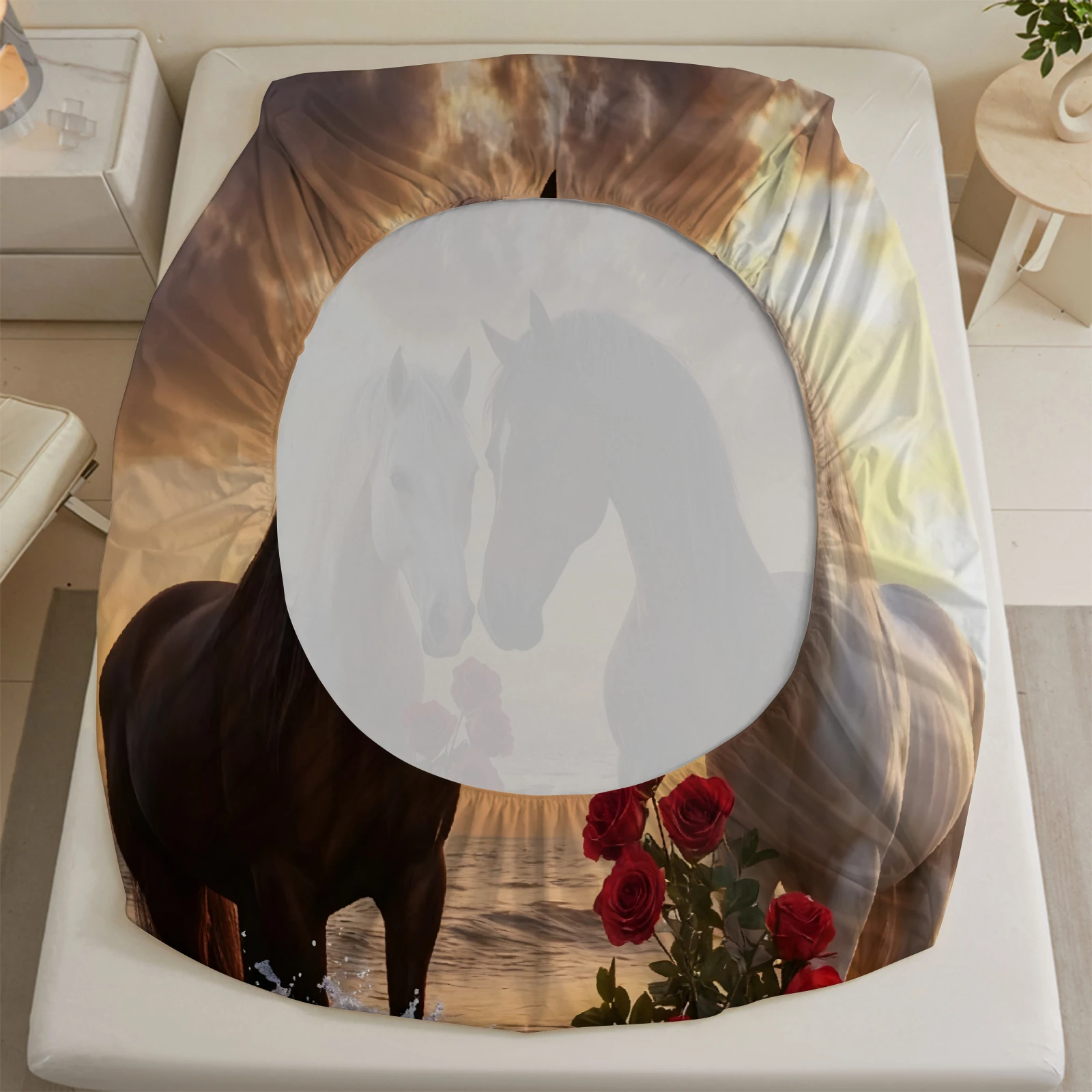 3pcs Love Themed Horses Printed Fitted Sheet 100% Polyester Durable Bedding Set Sheet ffor Home Bedroom Decoration Birthday Gift