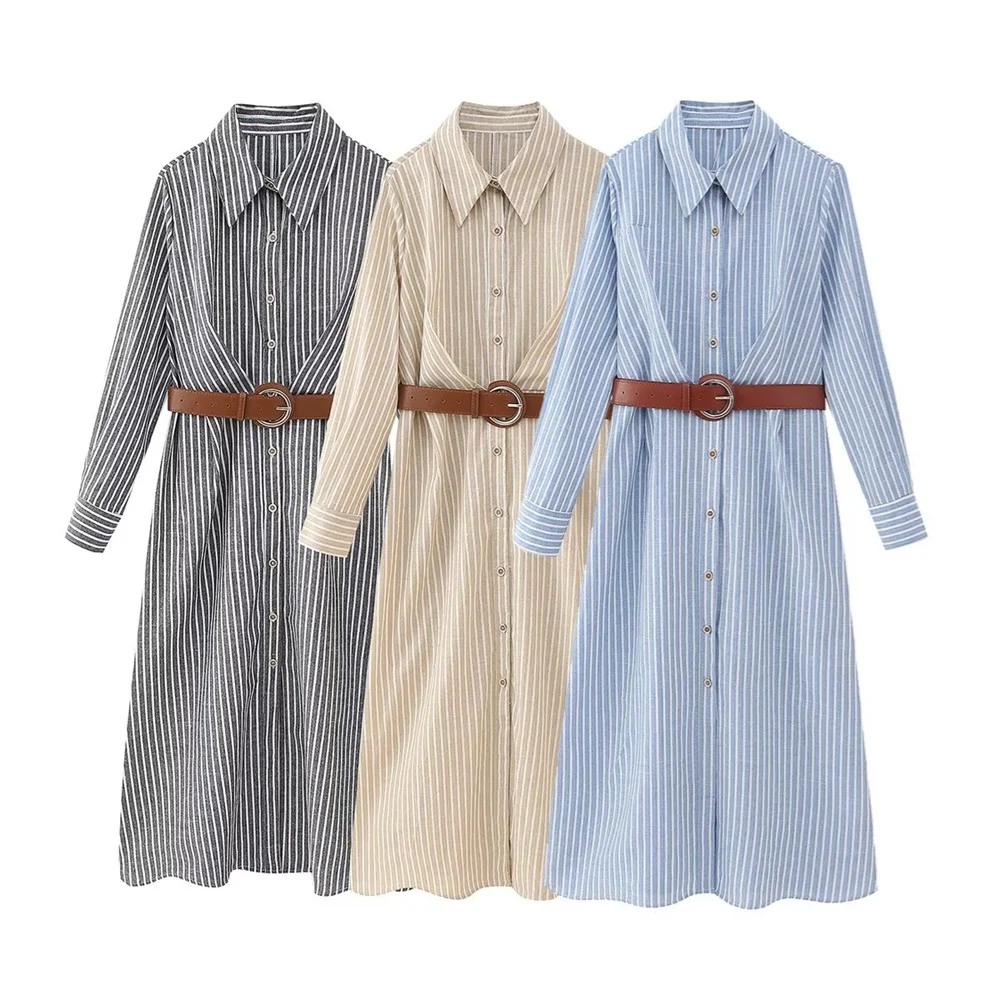 UNIZERA 2023 Autumn/Winter New Product Women\'s New Fashion Casual Matching Belt Stripe Shirt Style Dress