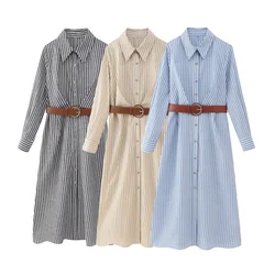 UNIZERA 2023 Autumn/Winter New Product Women's New Fashion Casual Matching Belt Stripe Shirt Style Dress