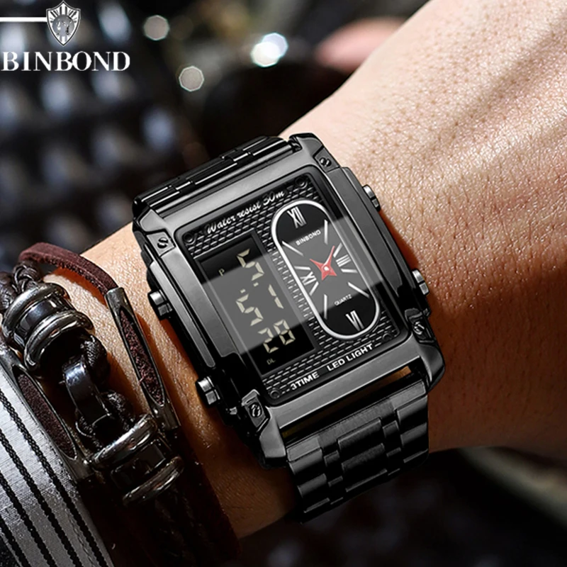 BINBOND jam tangan elektronik pria, jam tangan Fashion elektronik Quartz gerakan ganda dan multifungsi tahan air untuk pria muda