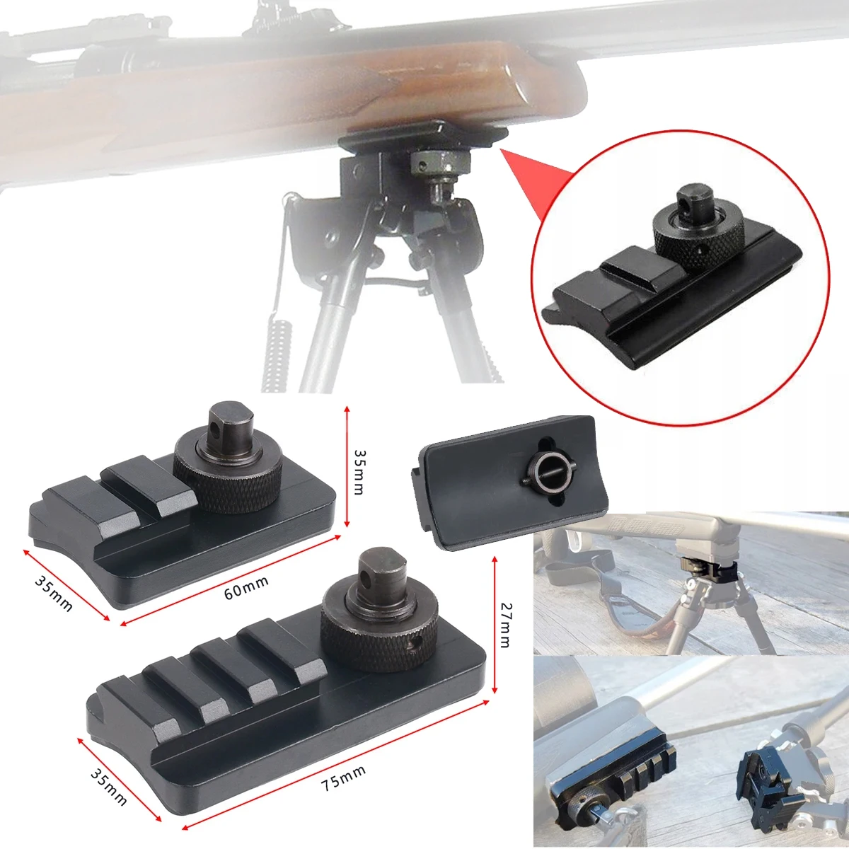

Rifle Bipod 20mm Sling Swivel Stud Picatinny Rail Adapter Mount Adapter 3 Slots Rubber Base Hunting V8 Accessory AR15 M4 M16