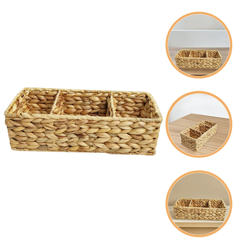 

Natural 3-Section Woven Storage Basket Desktop Organizer for Kitchen Cutlery Sundries Home Office