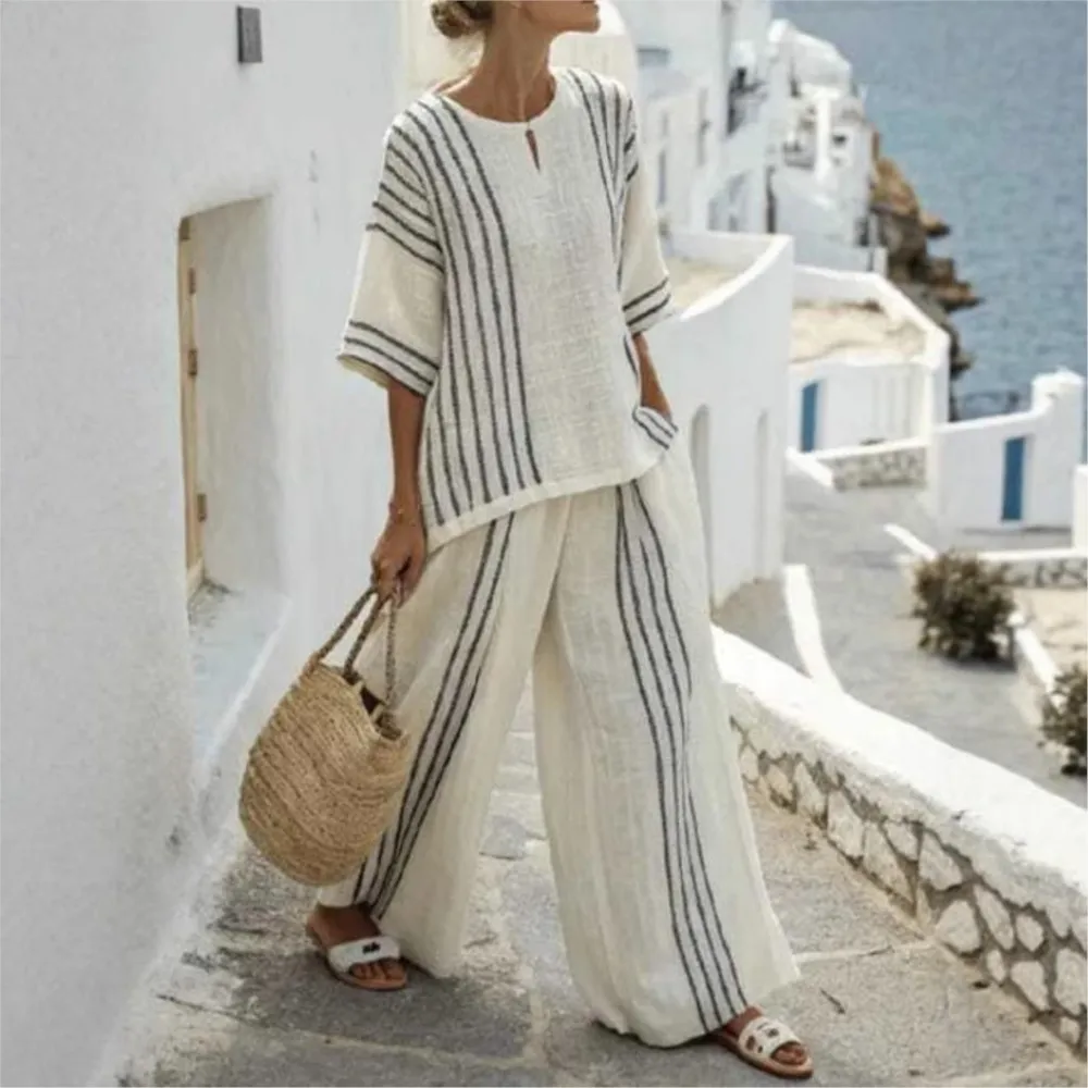 

Women Fashion Linen Cotton Short-sleeved Top + Trousers 2-piece Set Summer Print Stripes Retro Casual Loose Female Trousers Suit